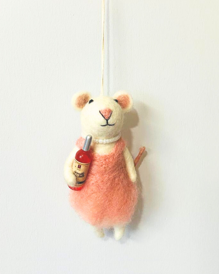 Rosé All Day Felt Mouse Ornament | Handcrafted in Nepal